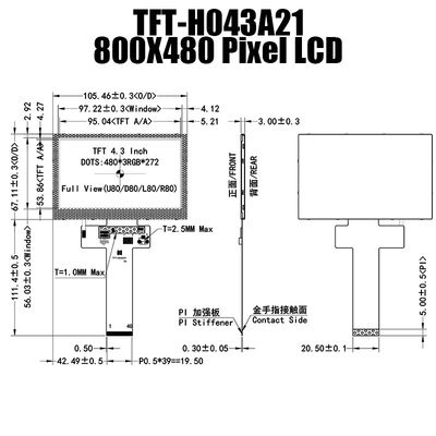 480x272 Color 4.3 Inch TFT LCD Display Module Sunlight Readable TFT-H043A21WQISTKN40