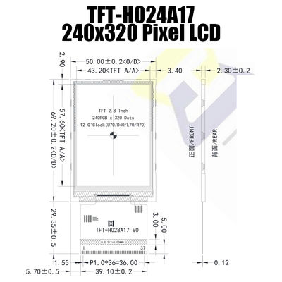 2.8 Inch MCU Display TFT LCD 240x320 Dots 250cd/M2 With IC ST7789 TFT-H028A17QVTST2N37