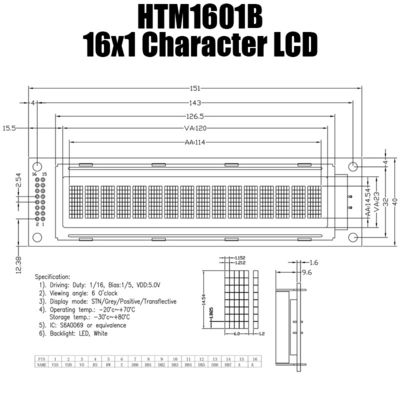 16x1 Monochrome LCD Display Module , S6A0069 Small LCD Module HTM1601B