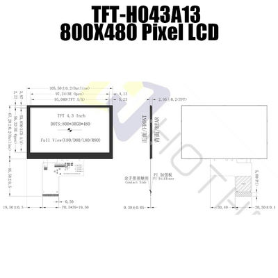 800x480 LVDS 4.3 Inch TFT Display Sunlight Readable TFT-H043A13SVIST6N40