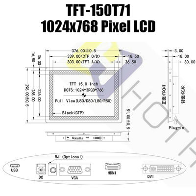 15.0 Inch Pcap Monitor HDMI LCD Screen 1024x768 IPS TFT LCD Display Module