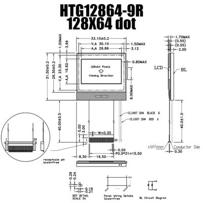 128X64 MCU LCD COG Module , IC 7565R Chip On Glass LCD Display HTG12864-9R