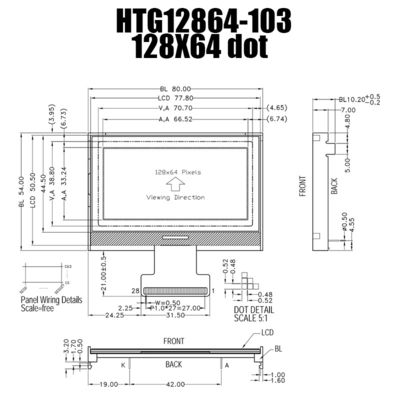 128X64 Gray COG LCD Module Graphic 66.52x33.24mm ST7565P HTG12864-103