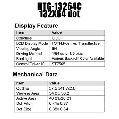 MCU 132x64 LCD COG Display , ST7565R Transmissive LCD Screen HTG13264C