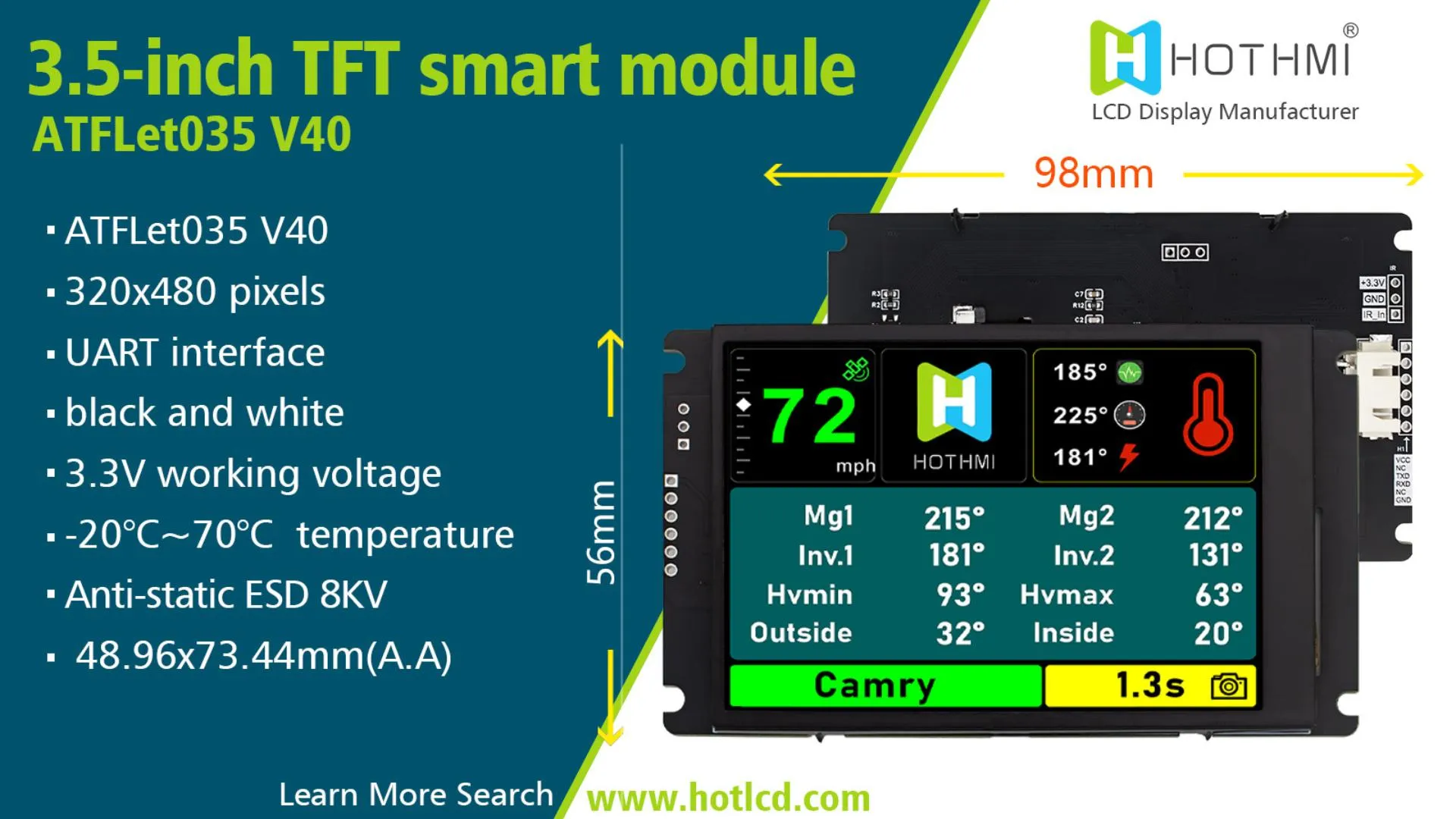 3.5 Inch Smart UART TFT LCD Display Module(ATFLet035 V40)