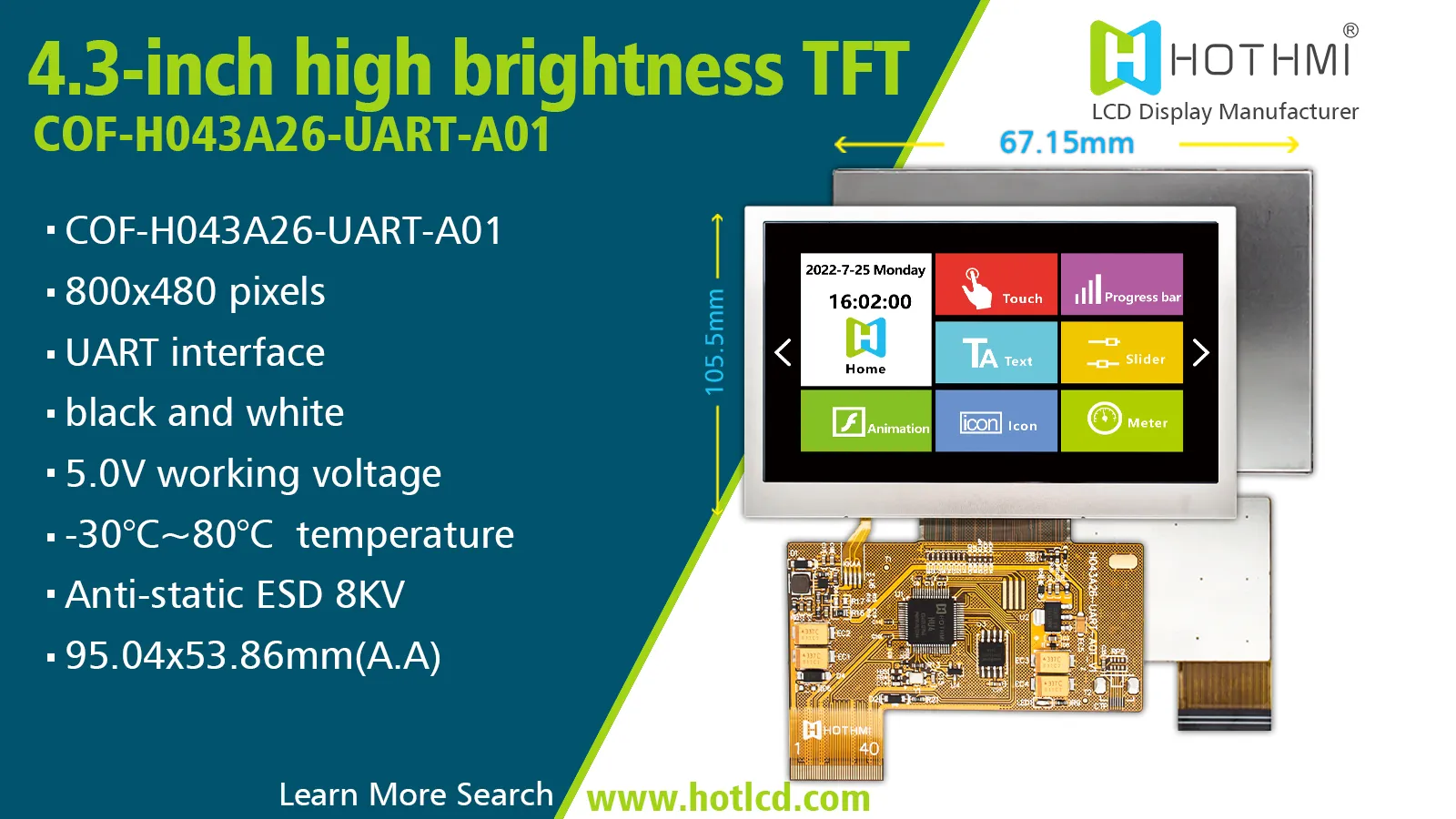 4.3 Inch Smart TFT Display（COF-H043A26-UART-A01）