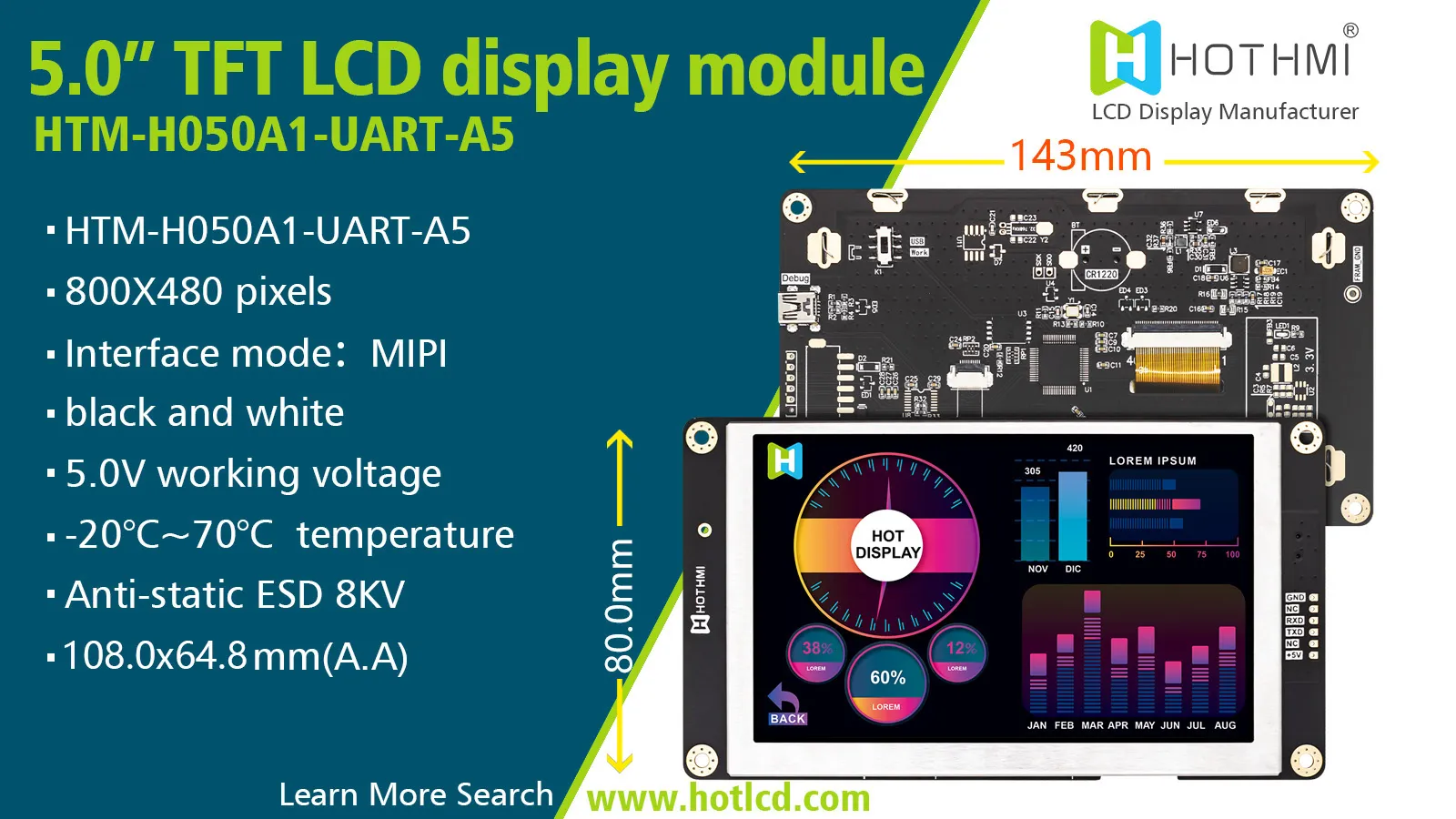 5.0 inch MIPI TFT LCD Module(HTM-H050A1-UART-A5)