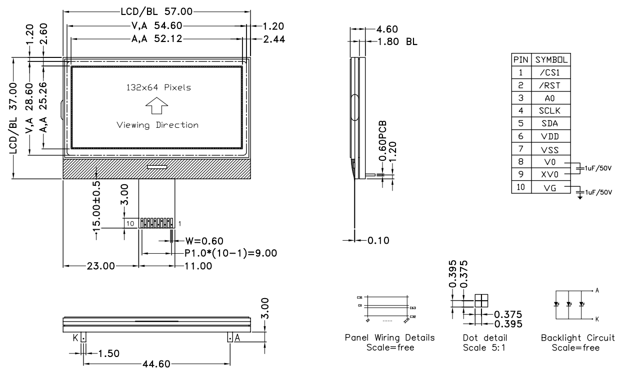 132x64 COG LCD Display STN ST7567