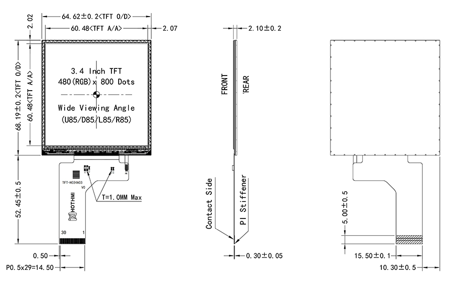 3.4 inch Square TFT LCD 480x480 NV3049 MIPI