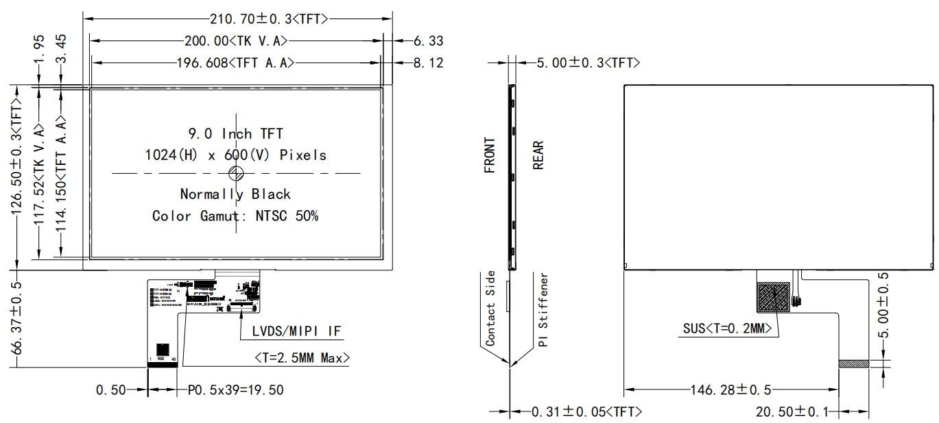 9 inch LCD IPS TFT 1024x600 High Brightness
