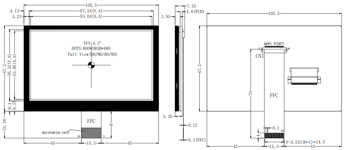 4.3 inch TFT LCD Display 800×480 MIPI IPS