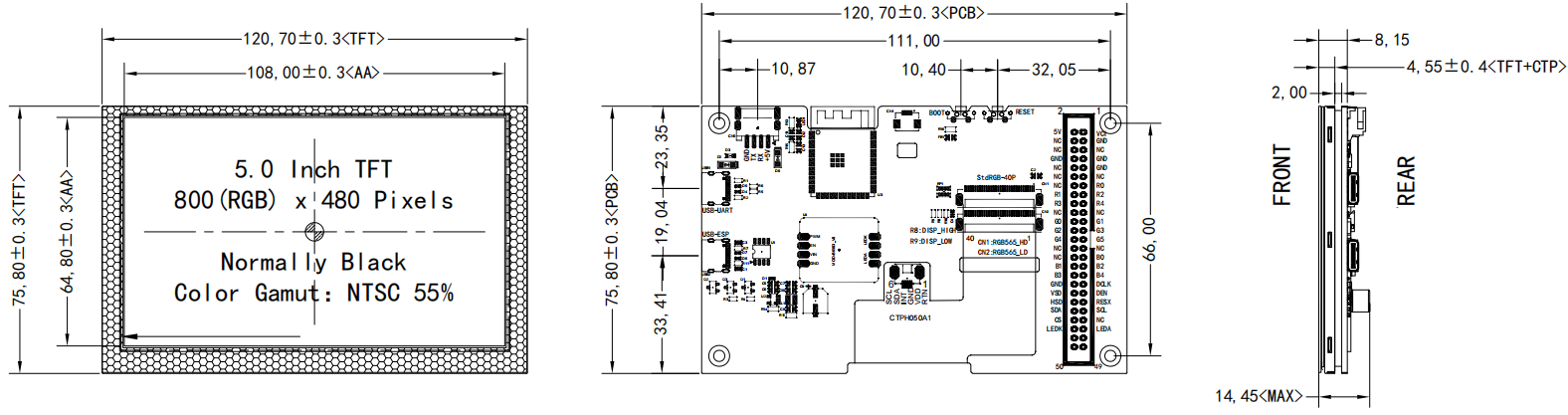5 inch HMI Display High Brightness ESP32 IPS