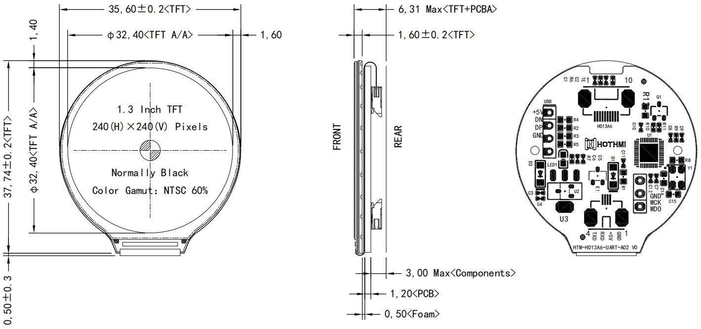 HOTHMI 1.3 inch Round TFT Display 240x240 UART